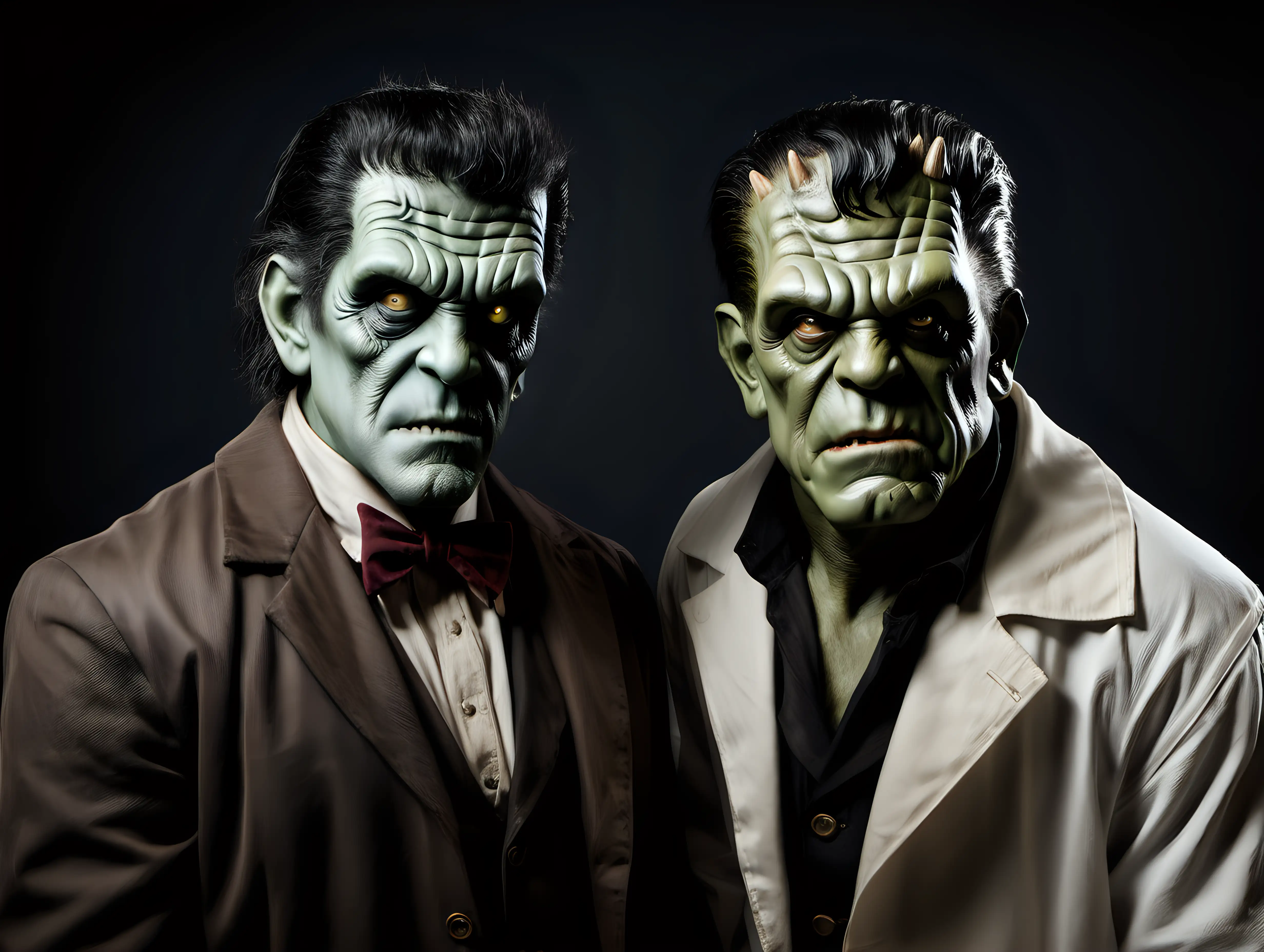 Wolfman and Frankenstein photographed in a portrait studio