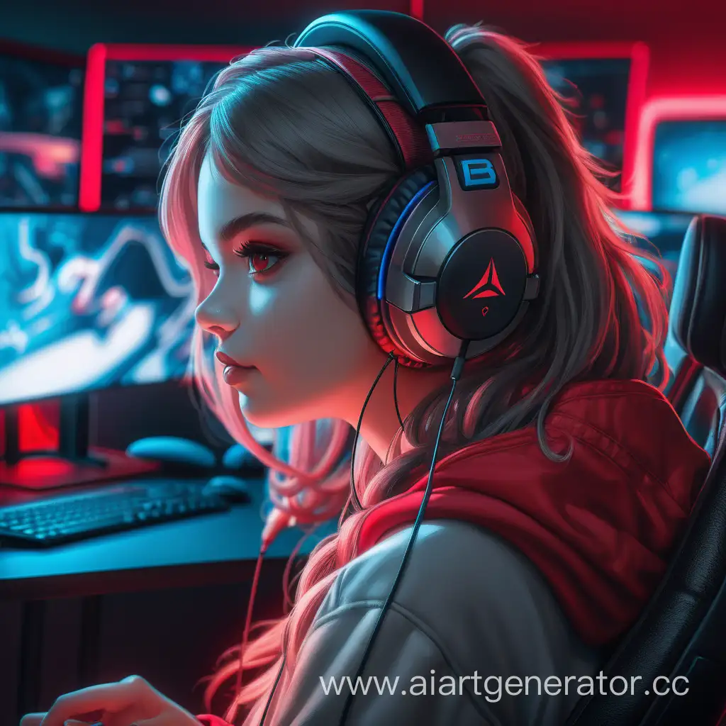 красивая девушка в игровых наушниках , крупным планом в интерьере крутого компьютерного клуба , интерьер в красно-серых цветах