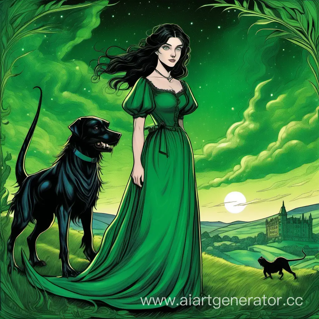 Enchanting-Woman-on-Devonshire-Moor-with-Glowing-Black-Dog-and-Friendly-Green-Dragon