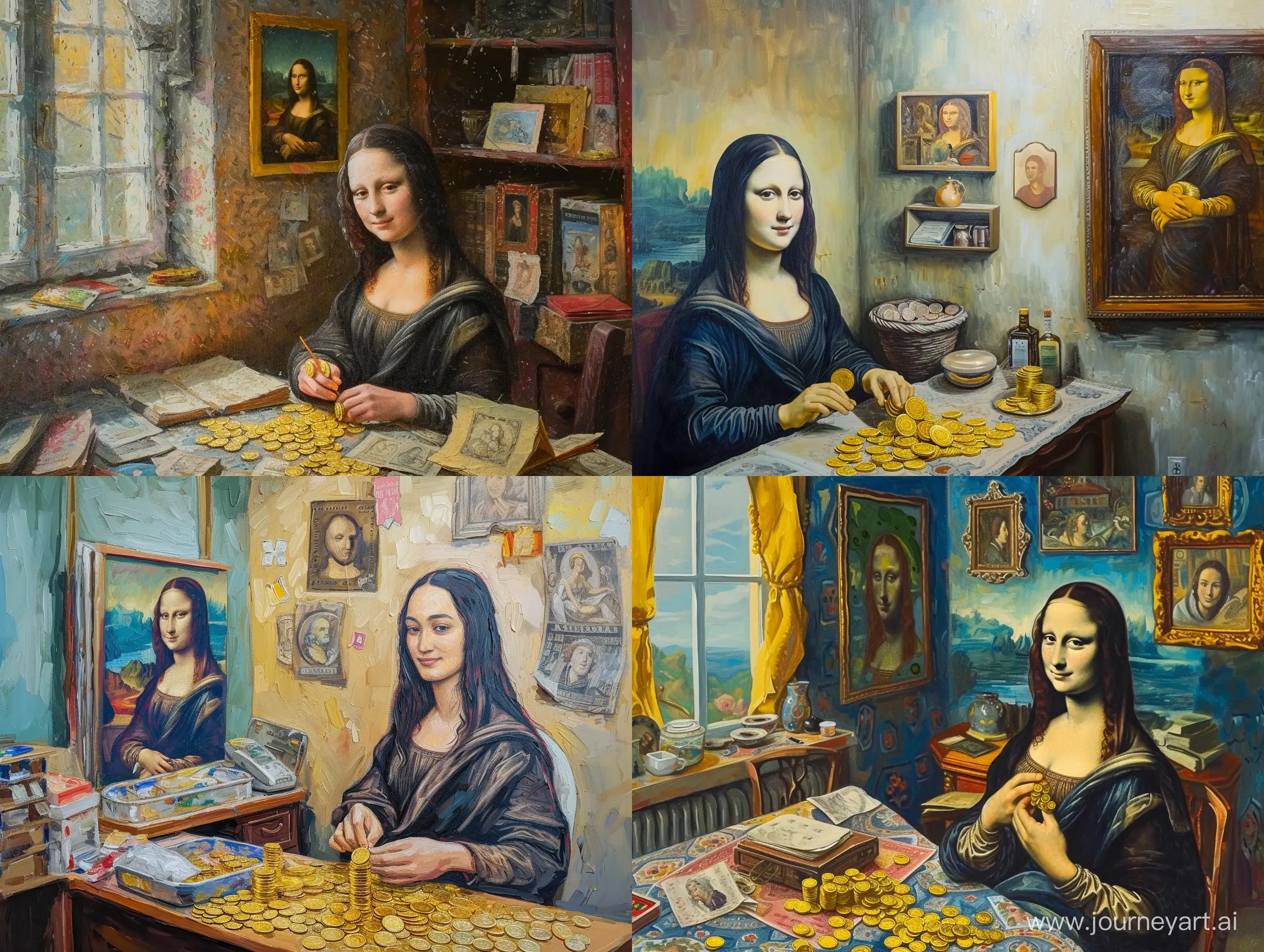 Oil painting of Mona Lisa counting gold coins in her room with her painting on the wall