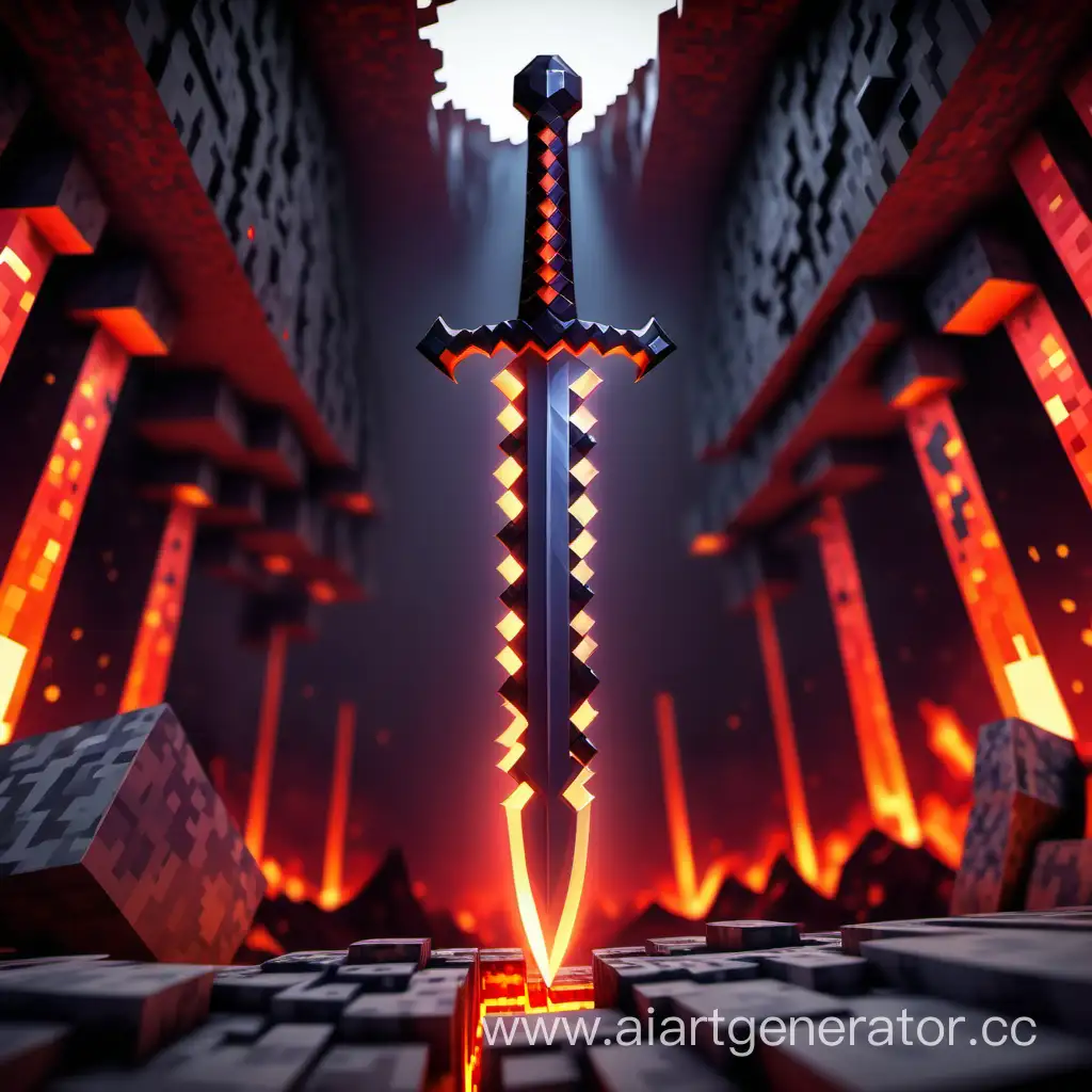 майнкрафт, незеритовый адский меч, на фоне лава, 4к