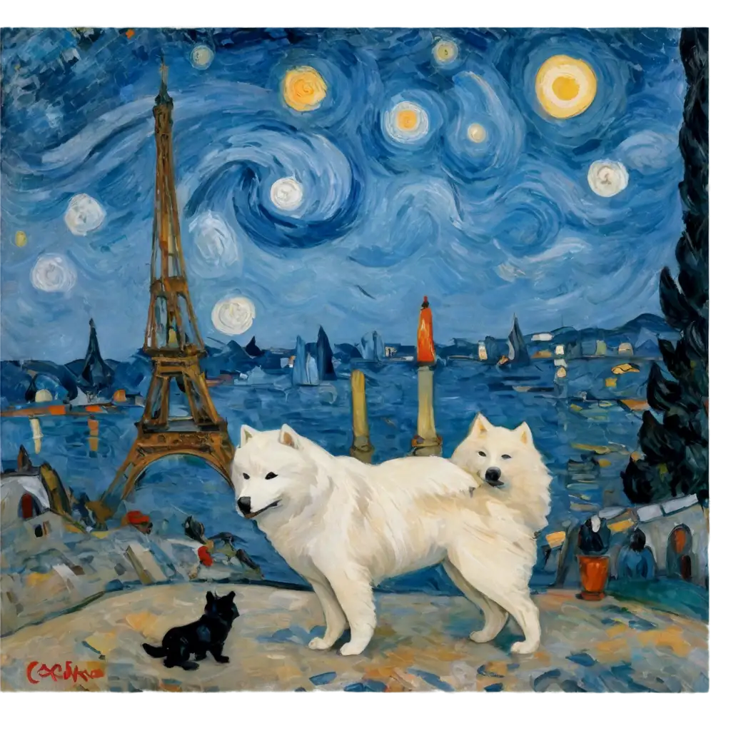 a samoyed playing with a Nintendo  with Paris by night in background Cezanne paint like


