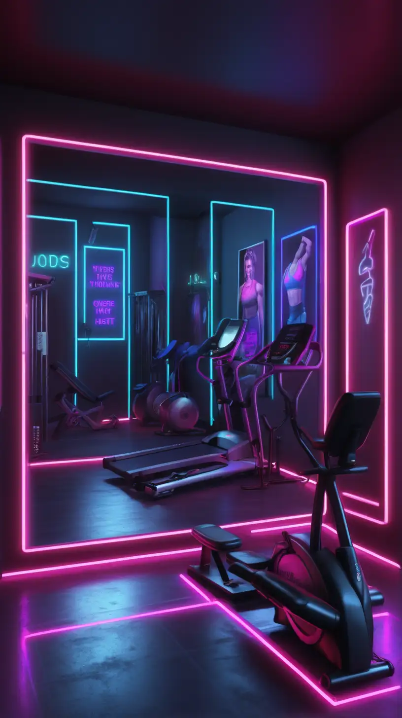 fitnessstudio, neon lights are all around, photorealistisch, hyperrealistisch