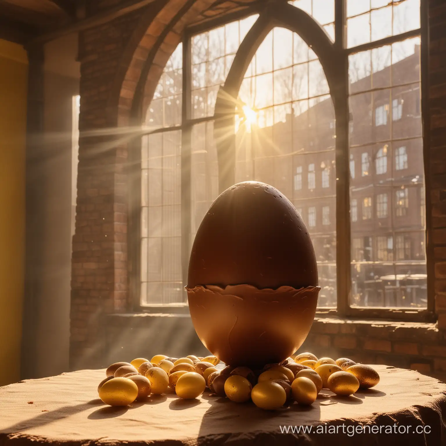 Шоколадное пасхальное яйцо большое и рядом несколько маленьких шоколадных яиц на фоне древней шоколадной фабрики с мягким желтым солнечным светом из окон