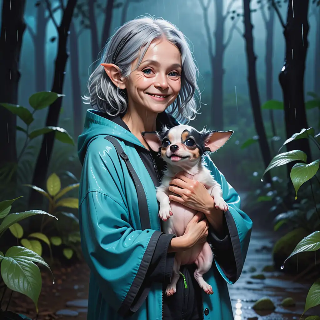 Happy hippie middle-aged grey haired female goblin.  Holding white and black chiwenie in the night rain in forest in blue coat no hood