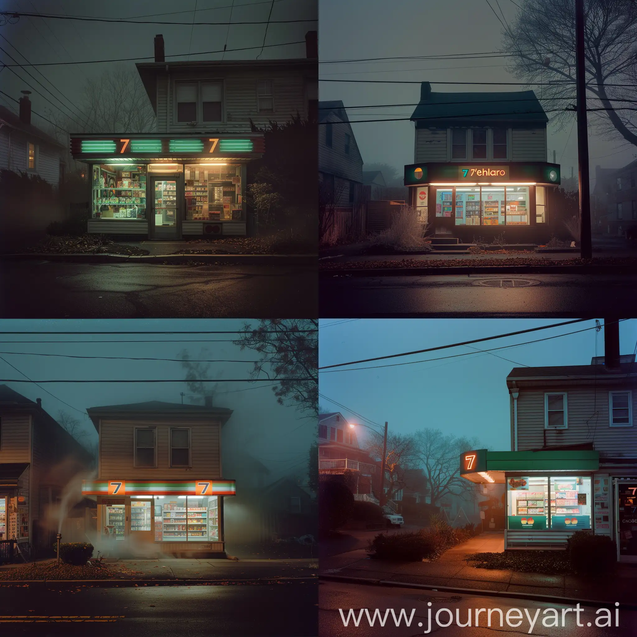 depict a photograph made on large format film camera with portra 800 of a 7eleven store in a residential neighborhood in east coast USA with interior light on and moody fog at night. Inspired by todd hido