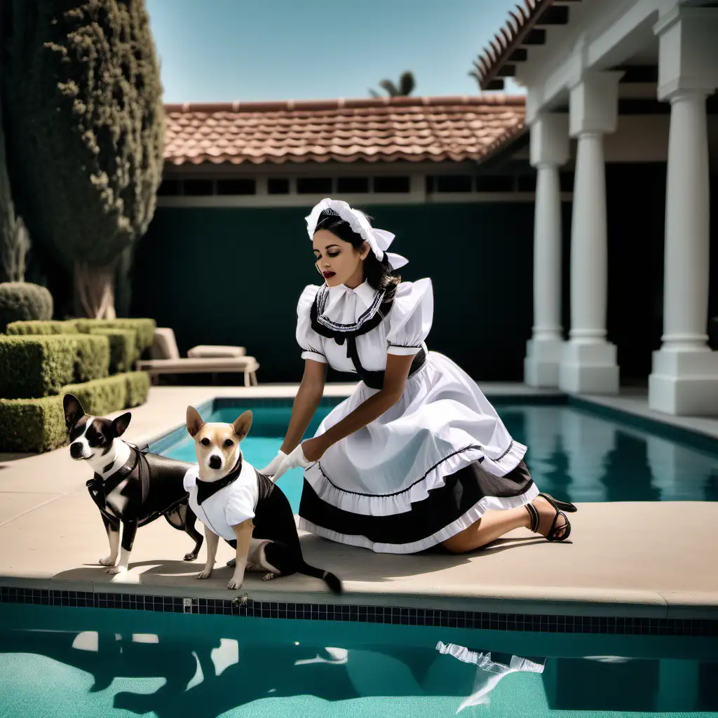 There are fancy dressed dogs in by the pool in the Hollywood mansion. A young Mexican woman dressed in a maid uniform and playing with dogs by the pool.