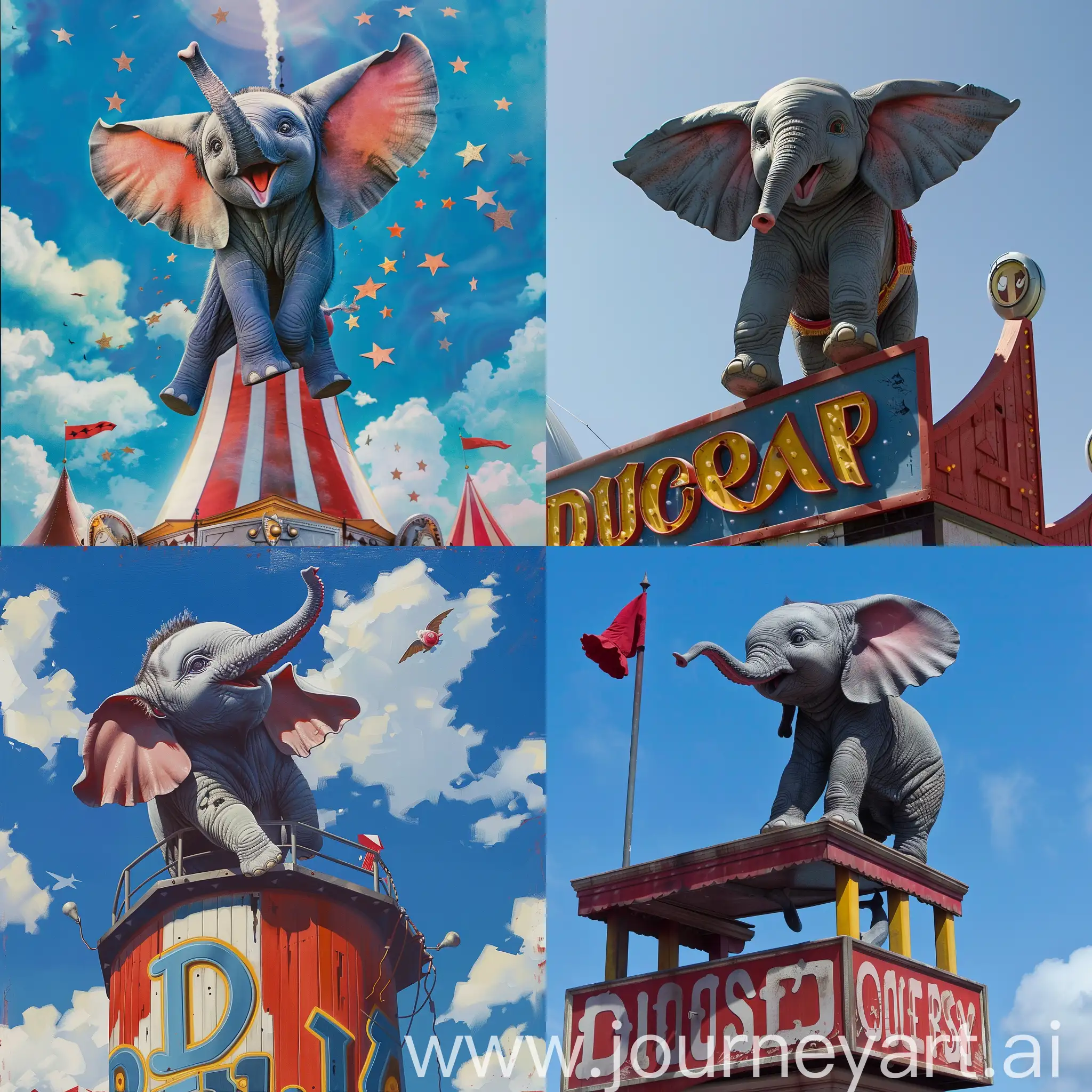 Dumbo elephant on the high buildeng in the circus