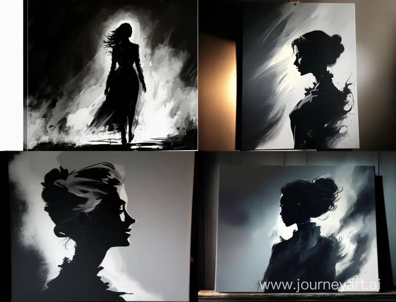 In the mist. Elegant woman with shadow. mixed media Painting on black canvas. Allowing for negative Space. Low angle.