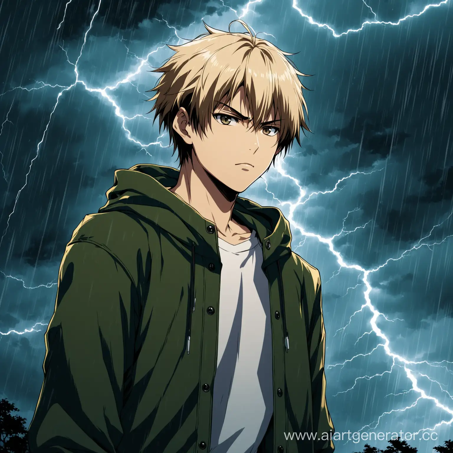 Светловолосый, кареглазый молодой парень, на фоне грозовая буря и двухметровая рысь, стиль аниме
