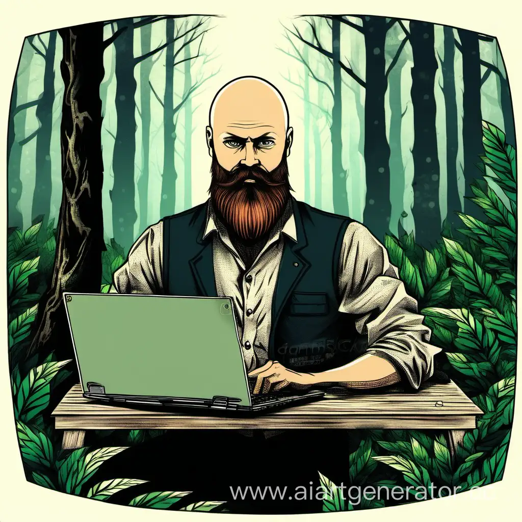 Лысый с бородой Айтишник, который в лесу с ноутбуком