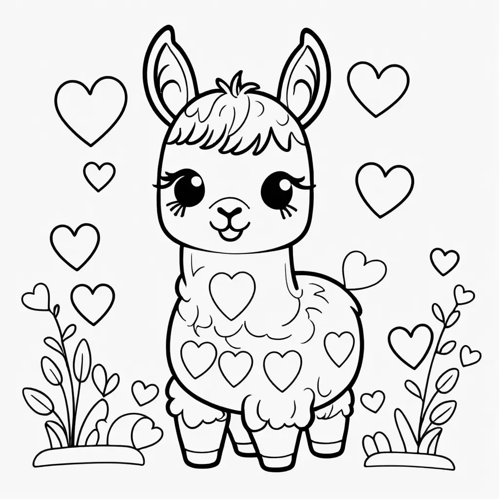 childrens coloring page, cute baby llama, hearts, white background, thick lines, cartoon art style, no shading, thick lines, no detail