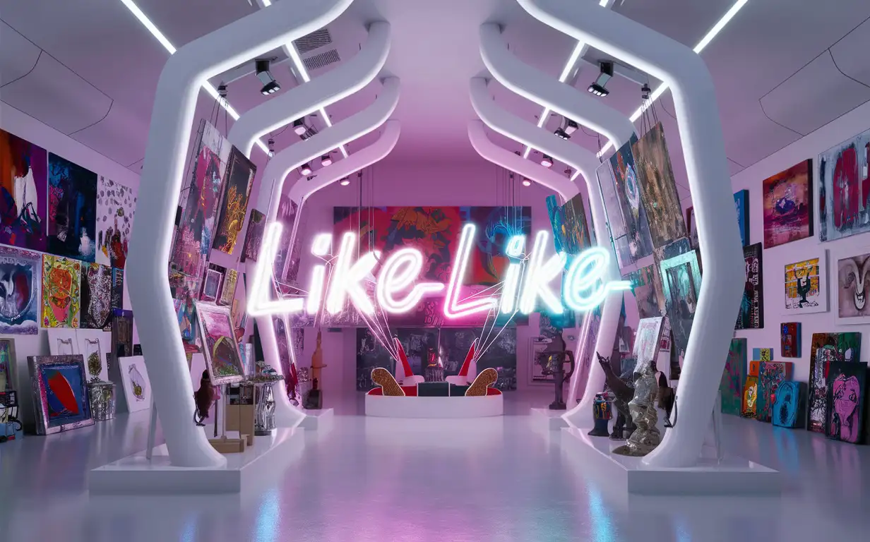 White futuristic style, bright, fantastic artist space with a neon sign on the wall that says "LikeLike", painting, sculpture, contemporary art exhibition hall