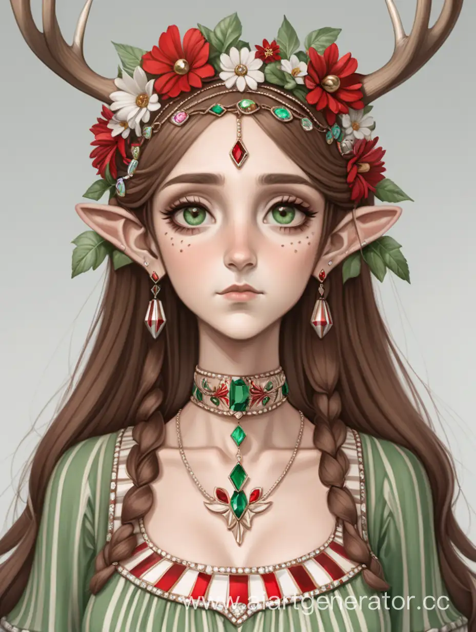 A tall girl, thin, with big breasts, brown hair and eyes. She has deer antlers on her head, and instead of human ears, deer ears. She is wearing a long green dress decorated with precious stones, and on her face are stripes of red and white flowers