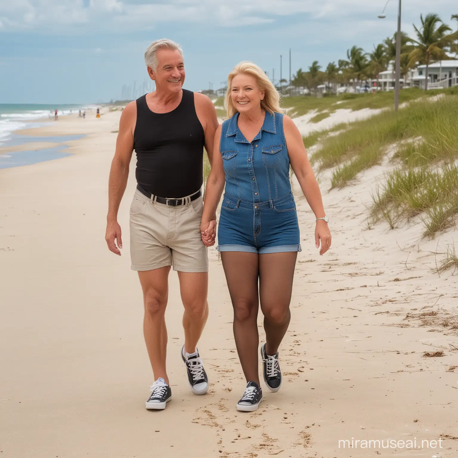 married couple, wife and husband, 60 year old lady, straight golden blonde hair, parted in middle, black pantyhose nylon tights, denim jean shorts, black tank top , white keds sneakers, walking on sandy Florida beach with 60 year old chubby male, short hair, long tan shorts
