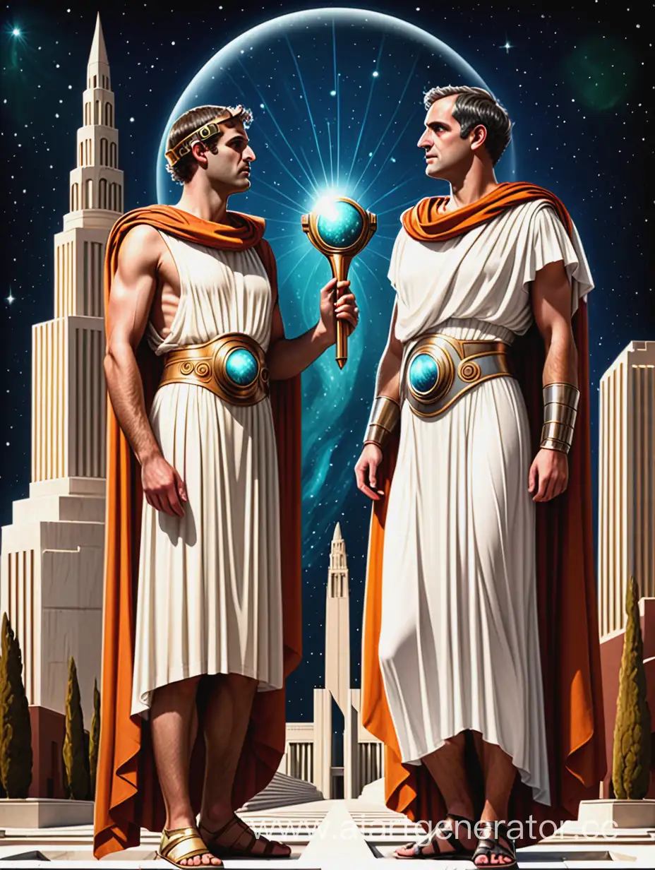 Ancient-Space-Scientists-with-Art-Deco-Towers-Backdrop