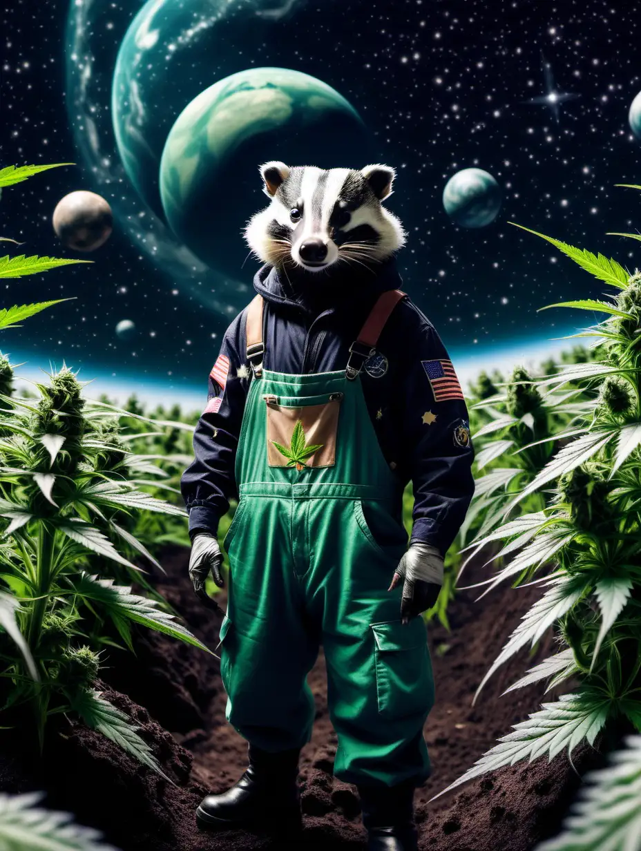 a badger dressed like a farmer is in a cannabis cultivation on a planet in outer space. A black sky with tons of stars and planets in the background