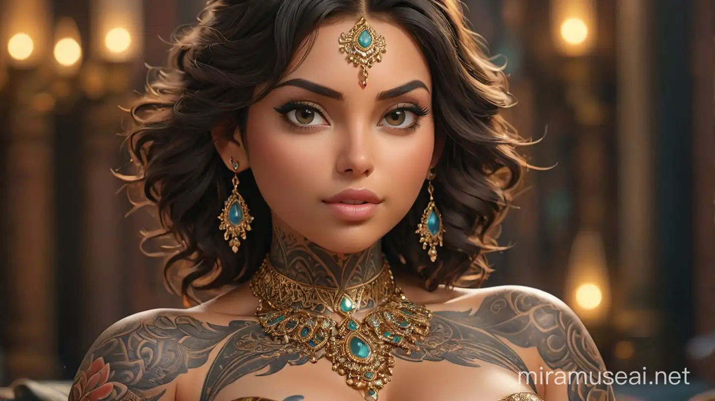 A sensual goddess, her body adorned with intricate tattoos and her ample chest big boobs adorned with sparkling jewels. The high-resolution image showcases every curve and contour, from the intricate details of her tattoos to the mesmerizing sparkle of her jewelry, in stunning 8k resolution.