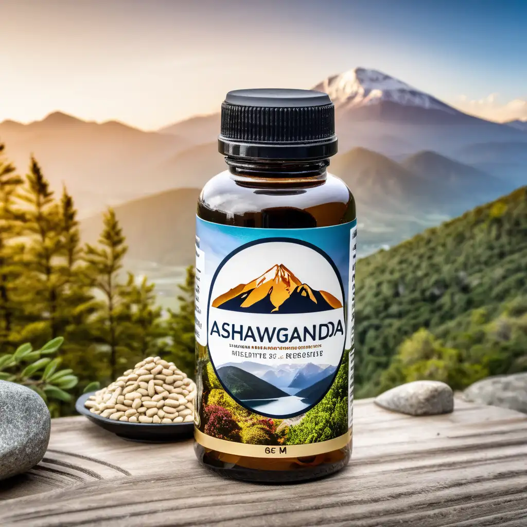 Ashwaganda in a supplement bottle with a mountain background
