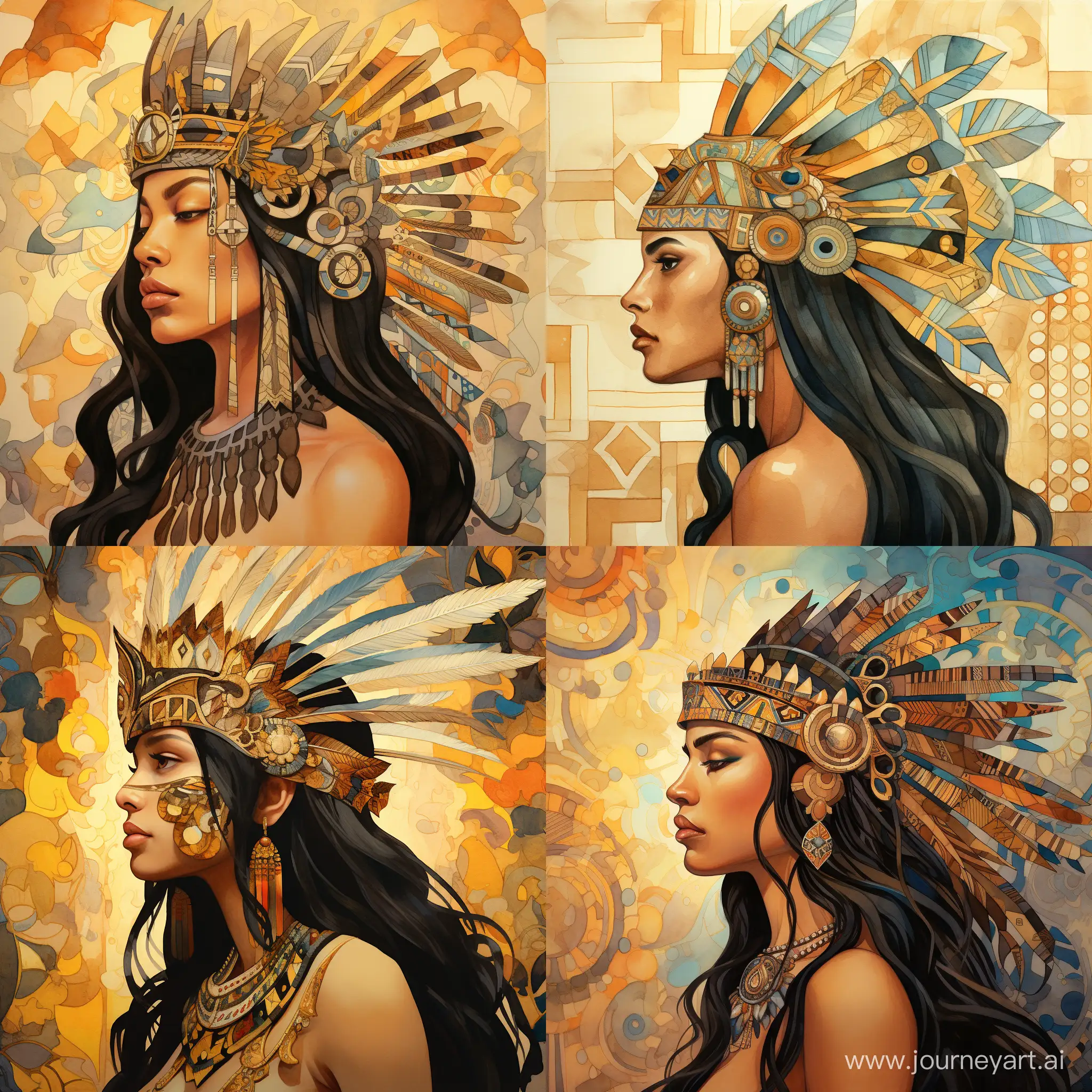 In a golden crown, black-haired woman, Indian, in profile, portrait, Aztec civilization, against a pattern of clubs, fairy tale illustration, stylized caricature, Victor Ngai, watercolor, drawing, decorative, flat drawing.
