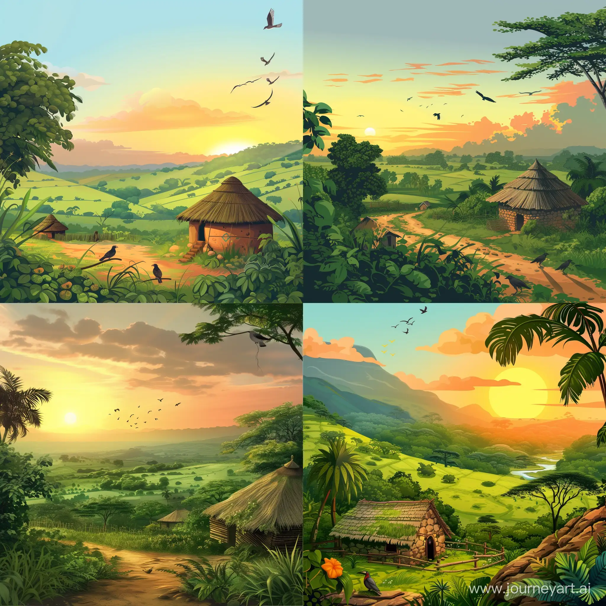 A village in Africa with green lands, a hut, birds and the sunset. Like a scene from a cartoon world. 