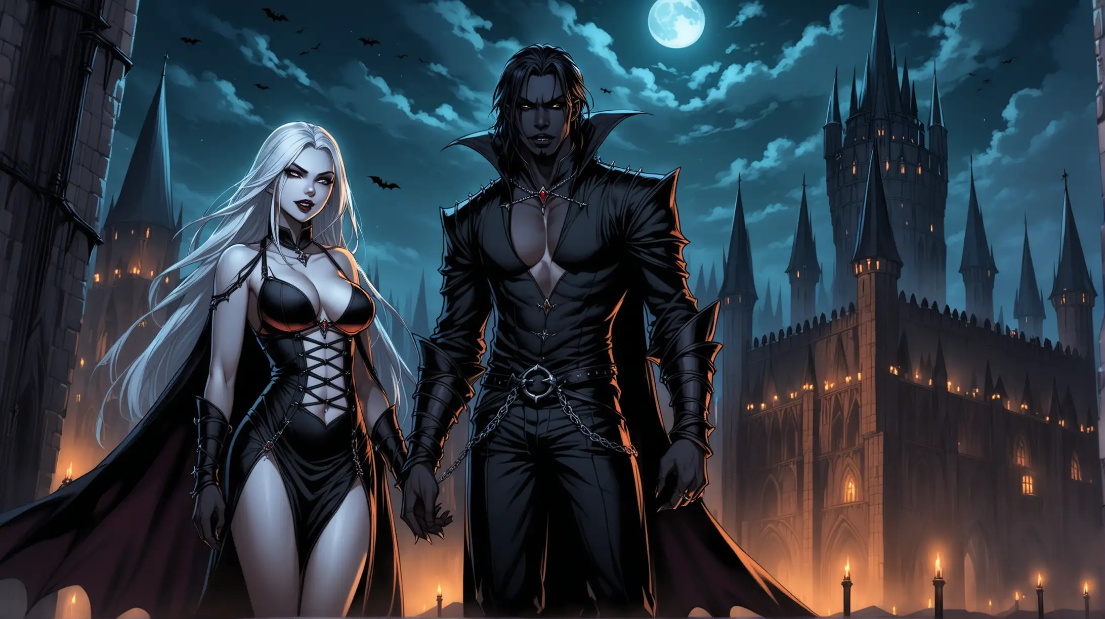 Gothic Towers Sultry HalfVampire Couple in Medieval Night