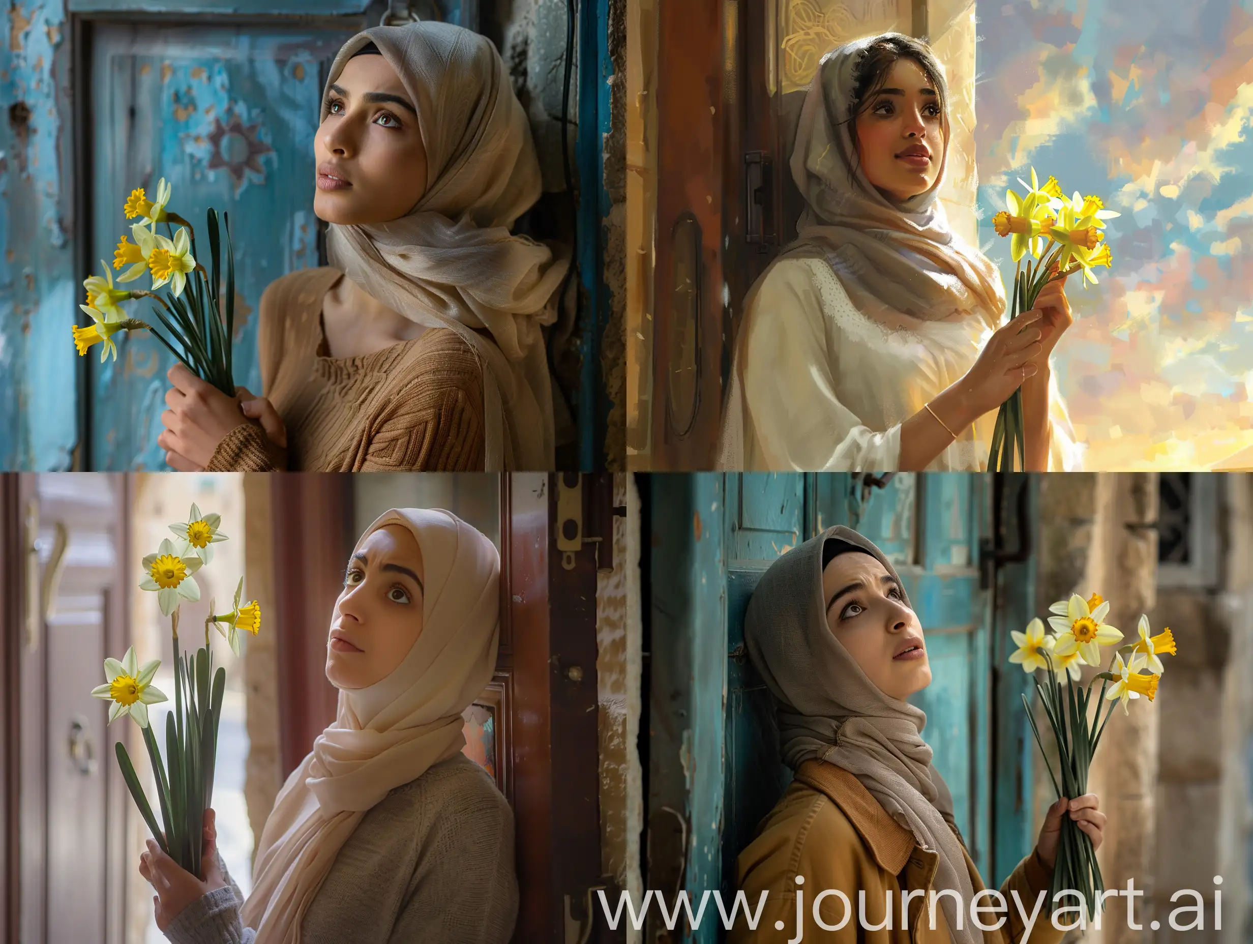 Una linda joven arabe musulmana de 30 años de edad, en Jerusalén, parada en la puerta esperando, viendo al cielo con las flores de narcisos en la mano con mirada preocupada 
