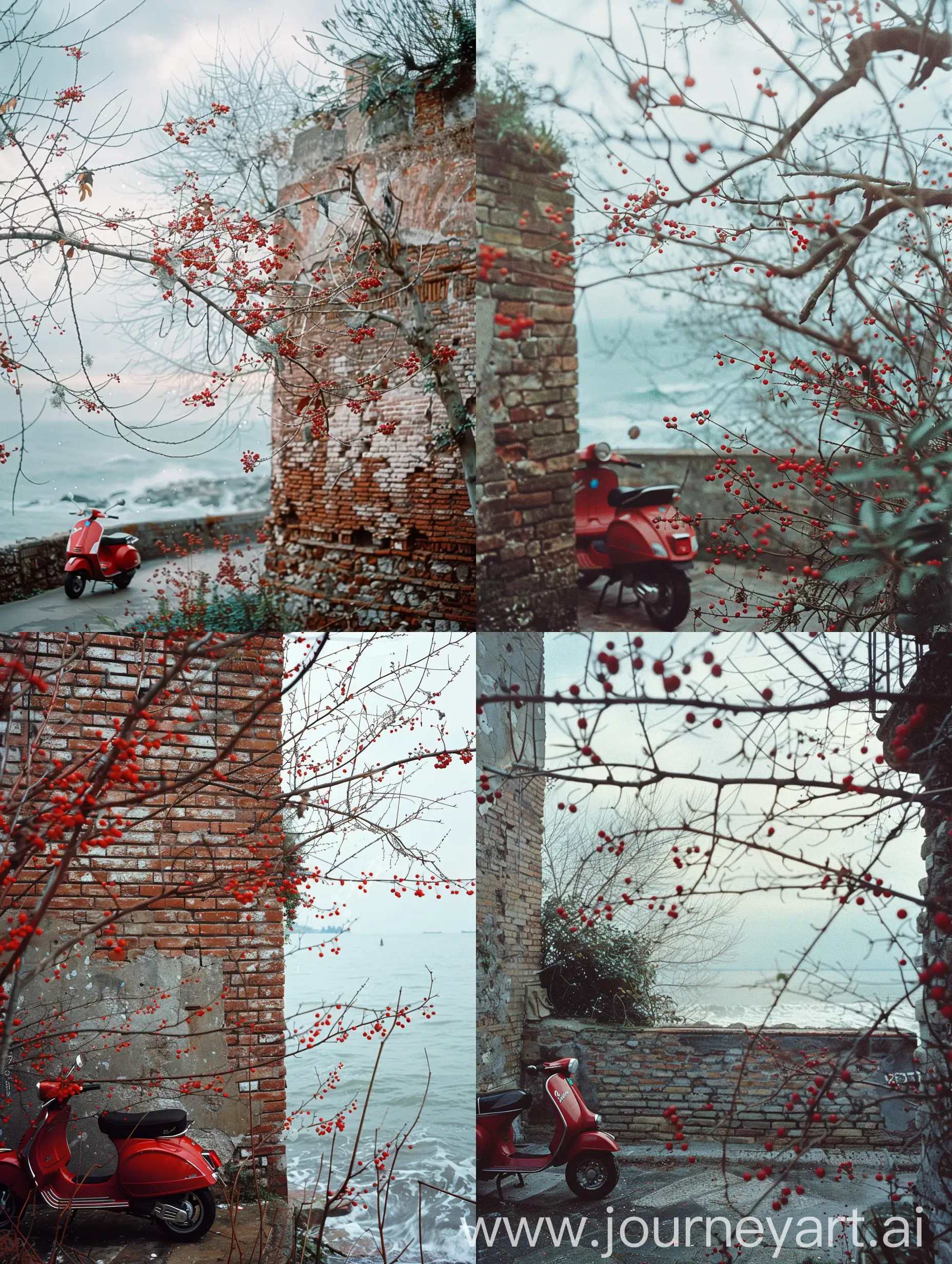 широкоформатная фотография старой кирпичной стены где-то на улочках Италии, в левом углу стоит красная Vespa, на переднем плане высокие ветки с красным  ягодами, где-то вдалеке бушует море, photo taken with provia, 1/250s, f/2.8, ISO100