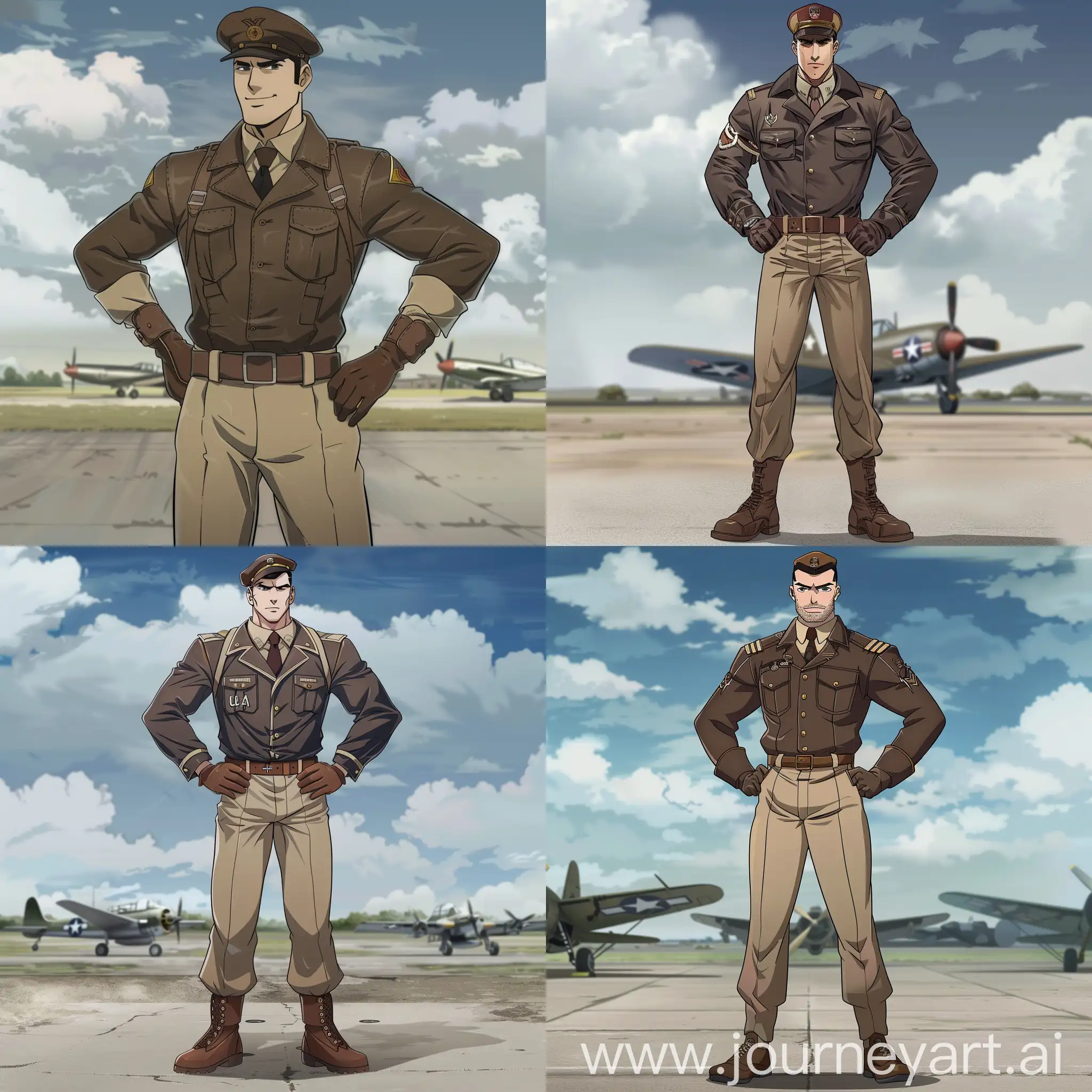 Handsome-TanSkinned-WWII-Officer-in-AnimeStyle-Attire-at-Airfield