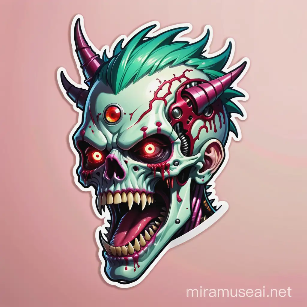 make a sticker of a cyborg zombie, cyberpunk-style, roaring, white eyes, Lovecraftian cosmic fear, cyborg, bloody mouth, 4 horns and 2 fangs, no ears and nose, spikes on head