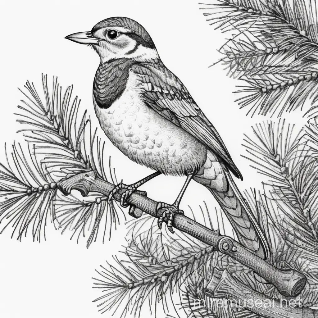 Canon Bird Perched on Pine Branch Line Drawing