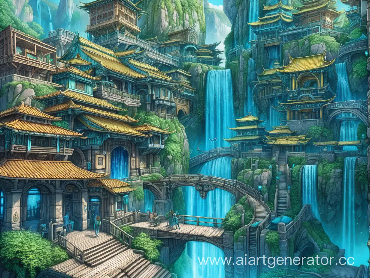 detailed, group design, lines, frames, png colors blue, green, yellow, cyan. Nirvana, greenery, bright blue waterfalls, cyberpunk, landscapes, kingdoms, wooden streets, temples, shopping areas,