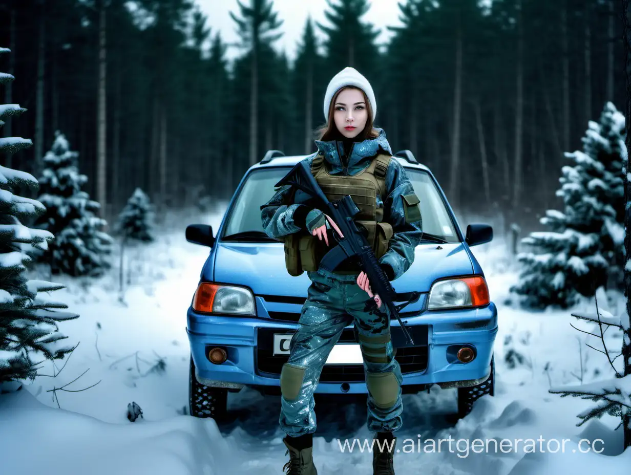 Short-Stature-Female-Soldier-with-Weapons-by-Vintage-Mazda-Demio-in-Snowy-Russian-Coniferous-Forest