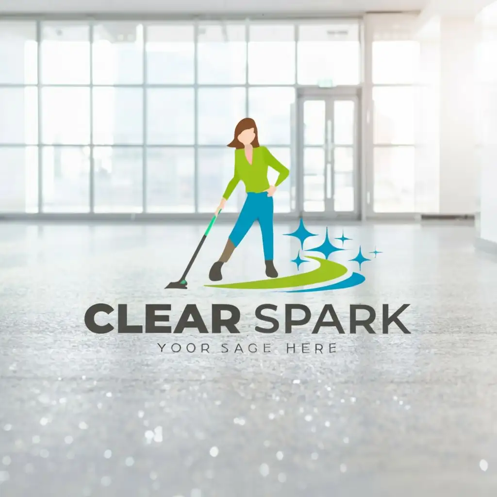 a logo design,with the text "Clear Spark", main symbol:I want wet mop hold by a lady and it should be cleaning the floor and there should be spark in the floor back ground needs to be white
,Moderate,clear background