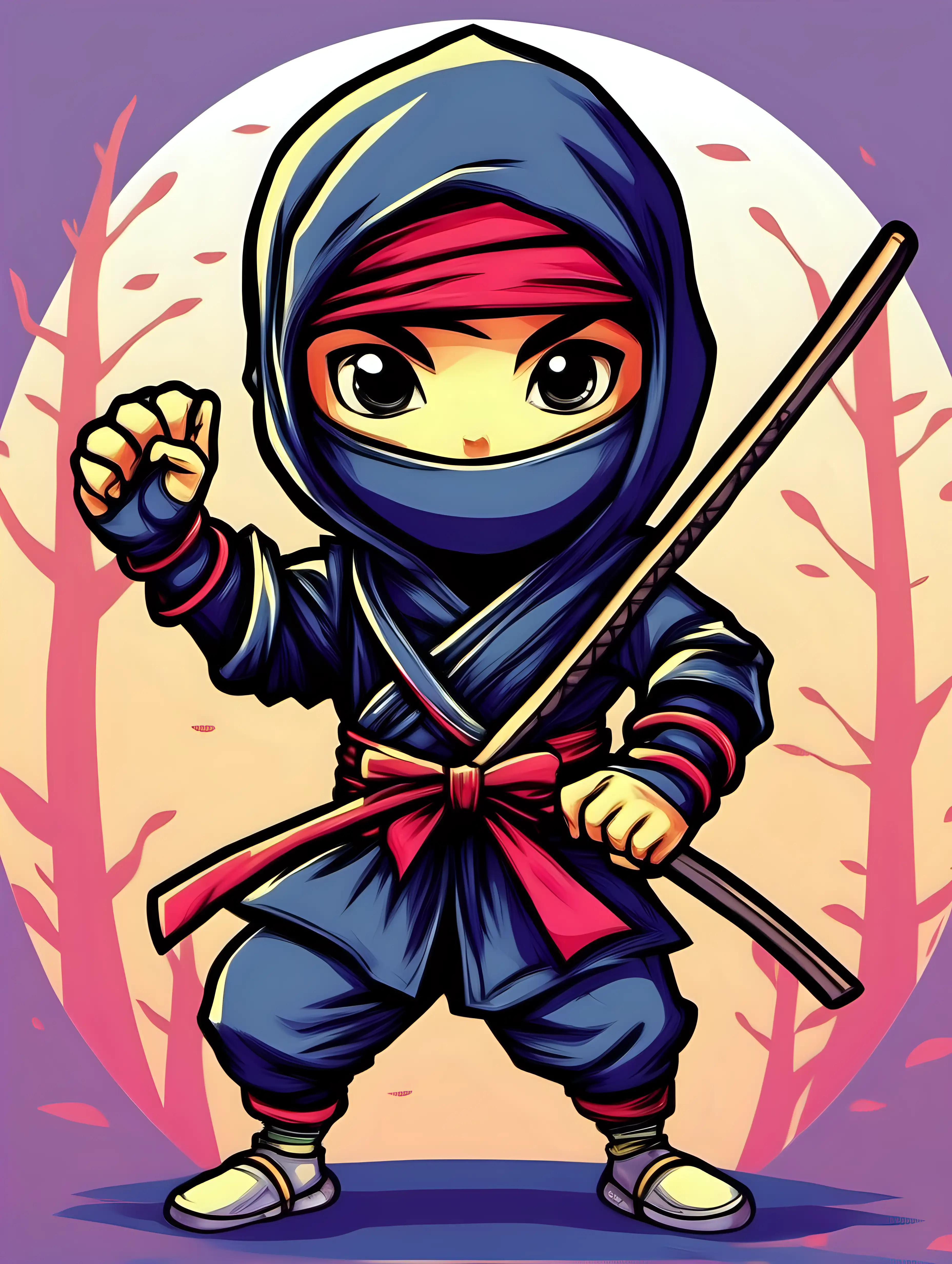 Cute ninja boy with bow staff, illustration, colorized, stylized