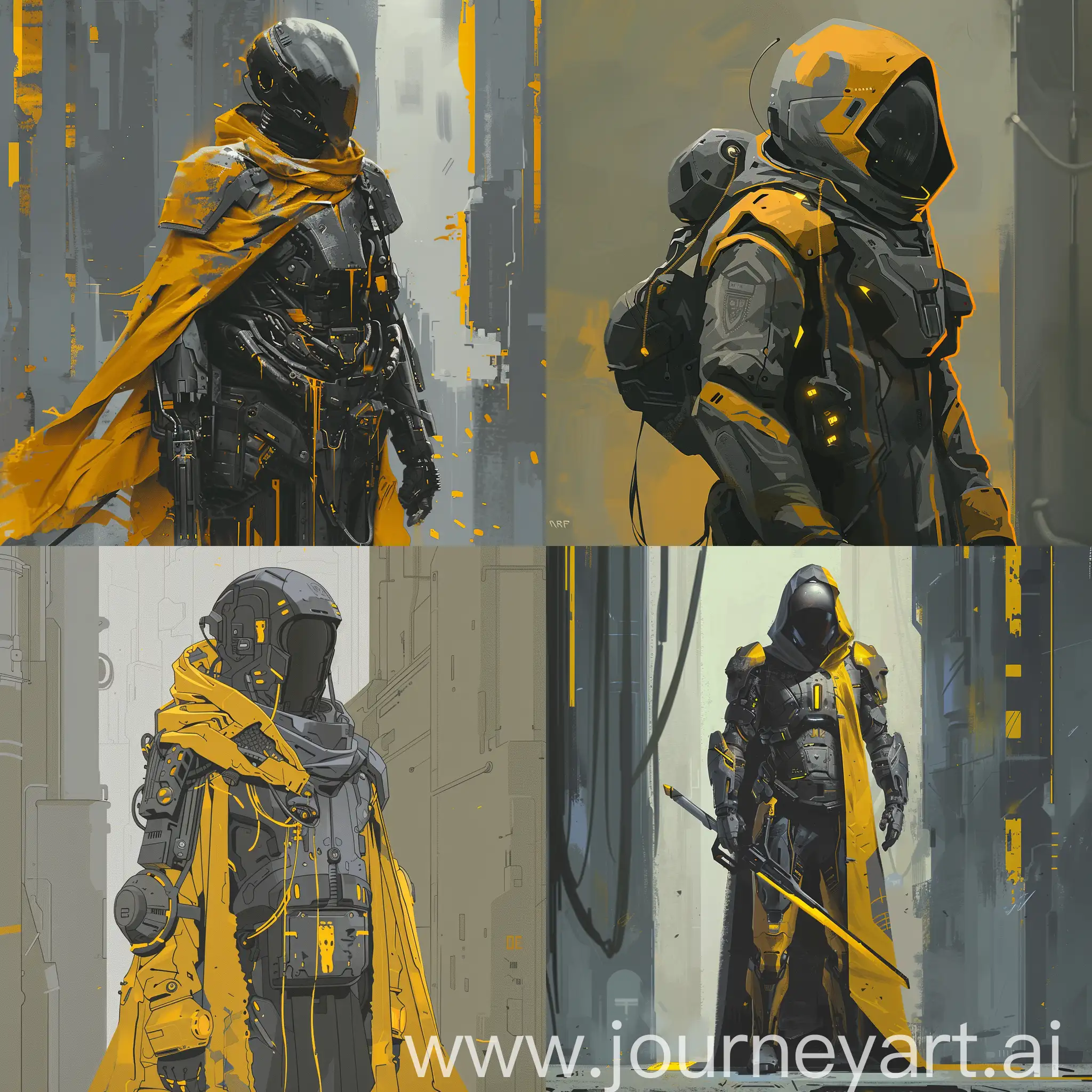 Create sci-fi character illustrations in a sleek futuristic aesthetic inspired by high-resolution 32k UHD quality. Incorporate the artistic styles of Atey Ghailan and Geoff Johns, utilizing a color palette dominated by dark yellow and gray tones. Employ the Panasonic Lumix S Pro 50mm f/1.4 lens to capture intricate details. Fuse techpunk and knightcore elements seamlessly, while maintaining the specified AR (aspect ratio) of 72:119, resolution of 750 pixels, and a visual style of 5.2.