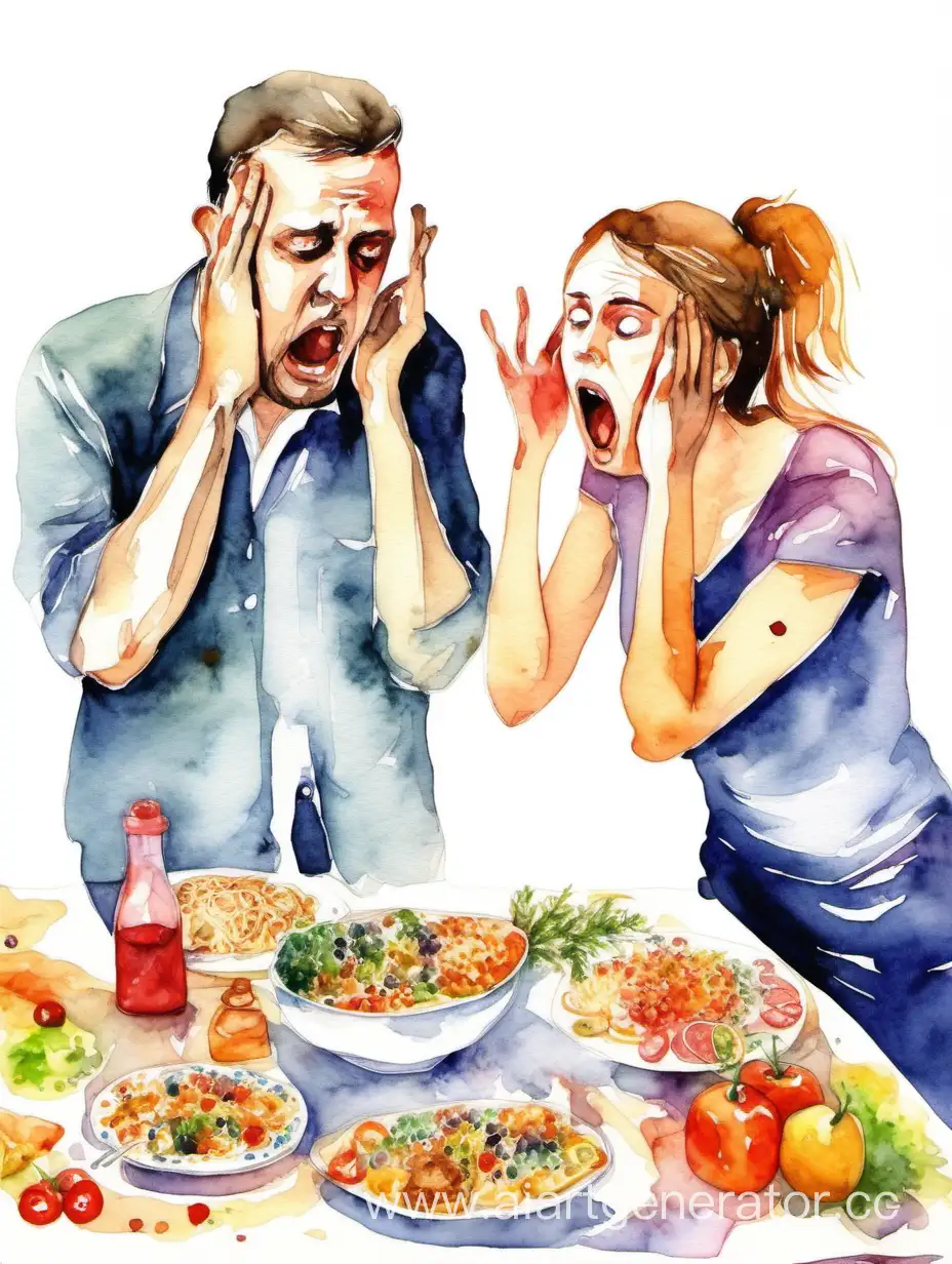 Мужчина ругает женщину за то, что она ест. Женщина закрыла уши руками, на столе много еды. Акварель, цветное изображение на белом фоне