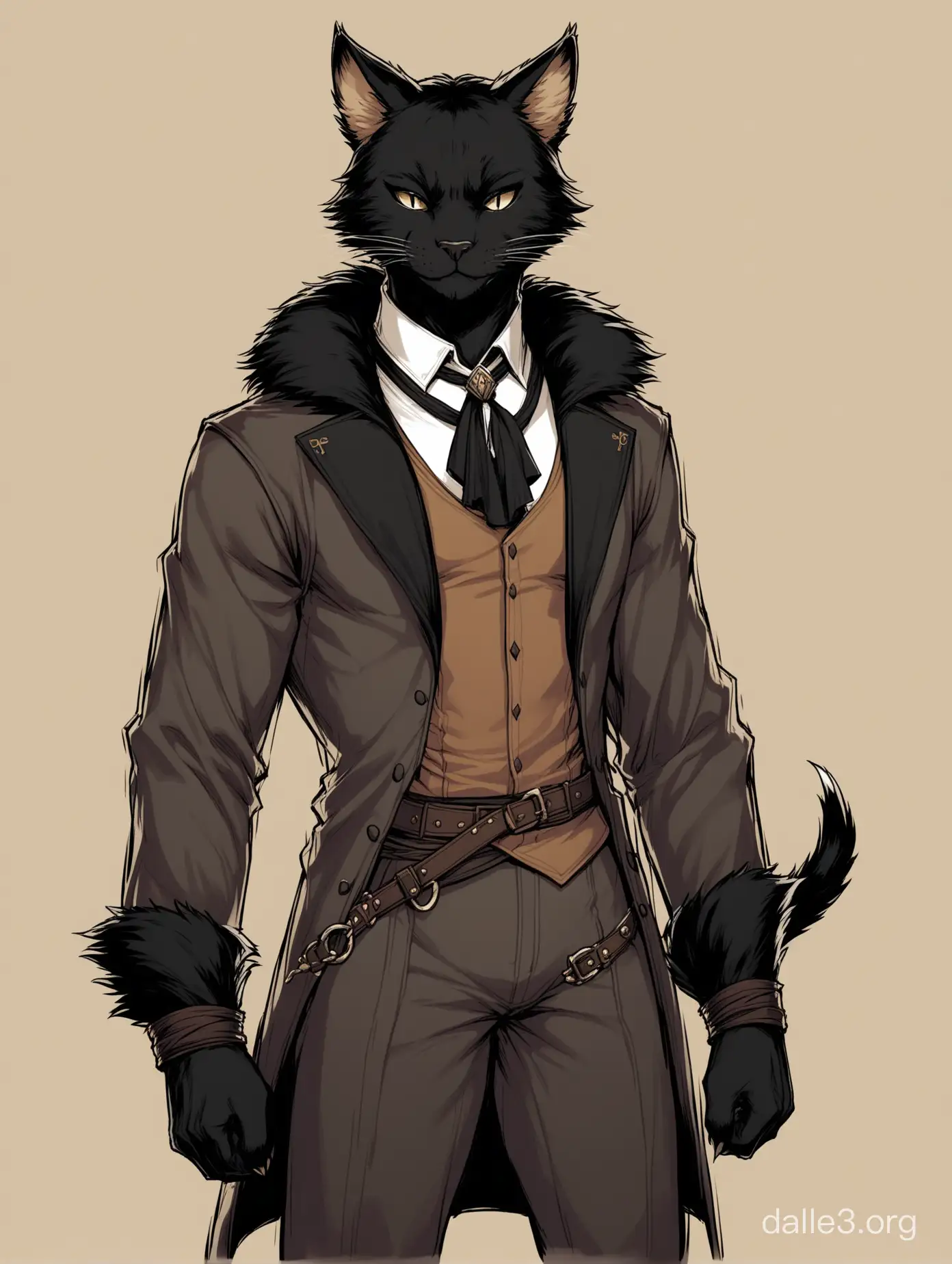 Create a full length portrait of a catfolk Tabaxi whose appearance blurs the lines between masculinity and femininity, striking a balance between both. The tabaxi should have an angular jawline and cheekbones under black fur, with soft, flowing black hair that falls in a way that could be perceived as either traditionally masculine or feminine. Their clothing should reflect a mix of masculine and feminine elements in the style of adventuring thief, without leaning too heavily towards either. The chest area should be devoid of any features associated with breasts.