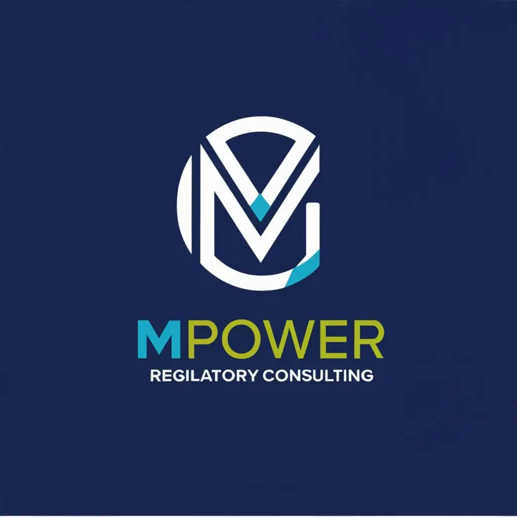 a logo design, with the text MPower Reglatory Consulting, main symbol: M in a teal green circle next to POWER, Minimalistic, clear royal blue background orange in the swish