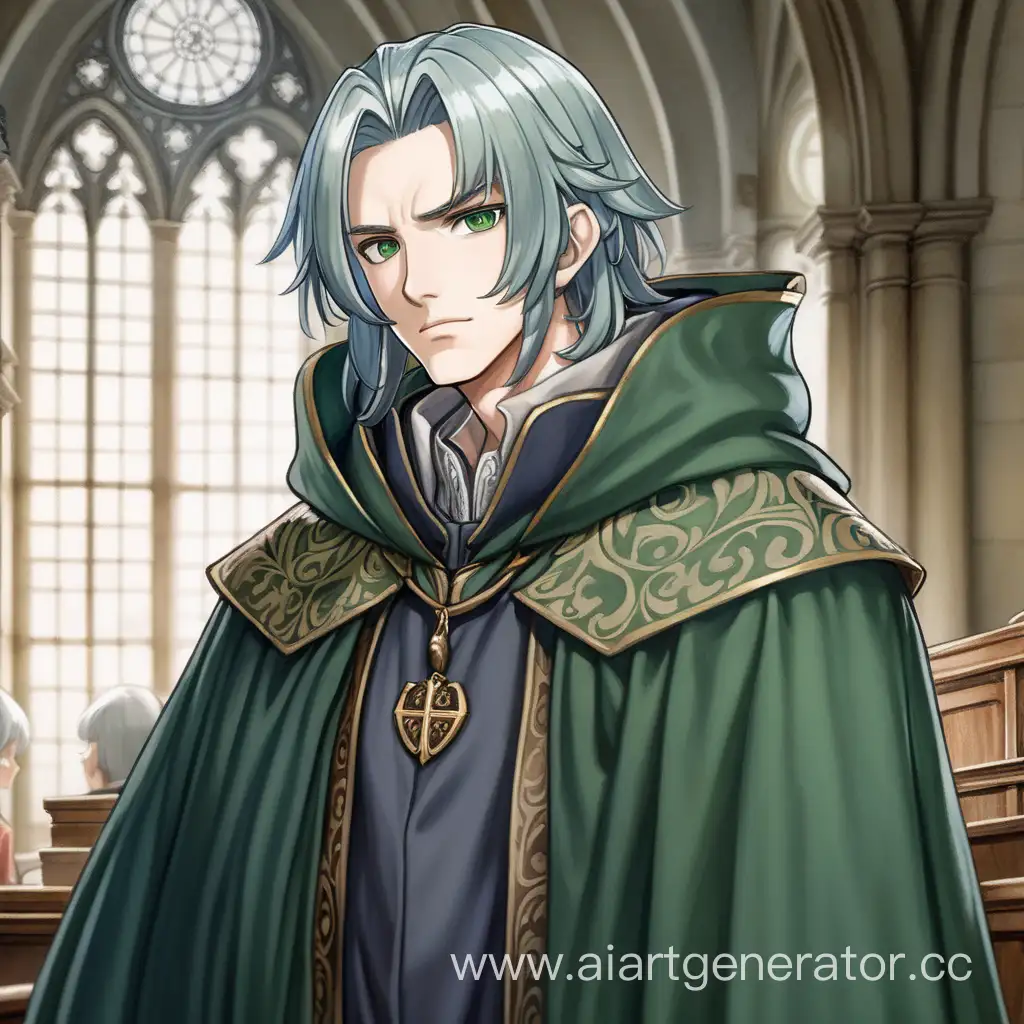 Добрый мужчина, серо-зеленые волосы длиною до плеч, серо-зеленые глаза, одет средневековый в плаще, стиль в судебные зарисовки, аниме стиль