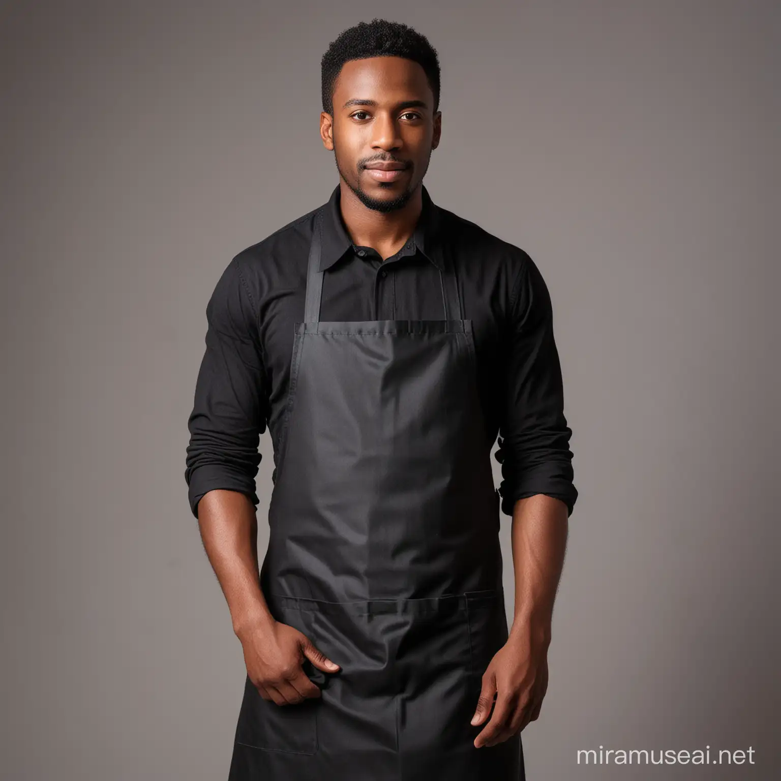 black man with black apron, withe background 
