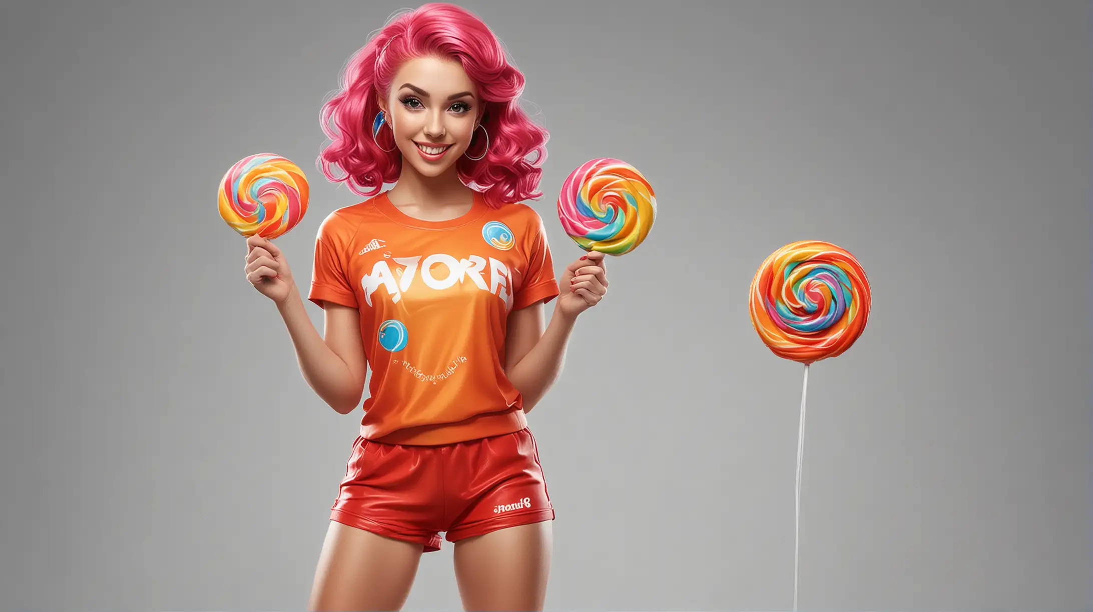 Create a full-body image of a 24 year old female mascot blending a personified, colorful lollipop head with an attractive, fit human figure. She should have realistic facial features, dressed in modern gym attire, reflecting contemporary beauty standards. The design should balance realism with playful, candy-inspired elements, suitable for a vibrant digital agency.