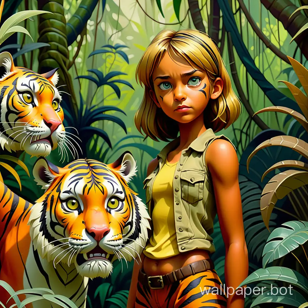Girl and tiger, in the jungle, in full height, close-up, dressed, stunning full-color images, canvas, oil, Greg Rutkovsky, sharp focus, studio photo, front view, complex details, high detailing, clarity