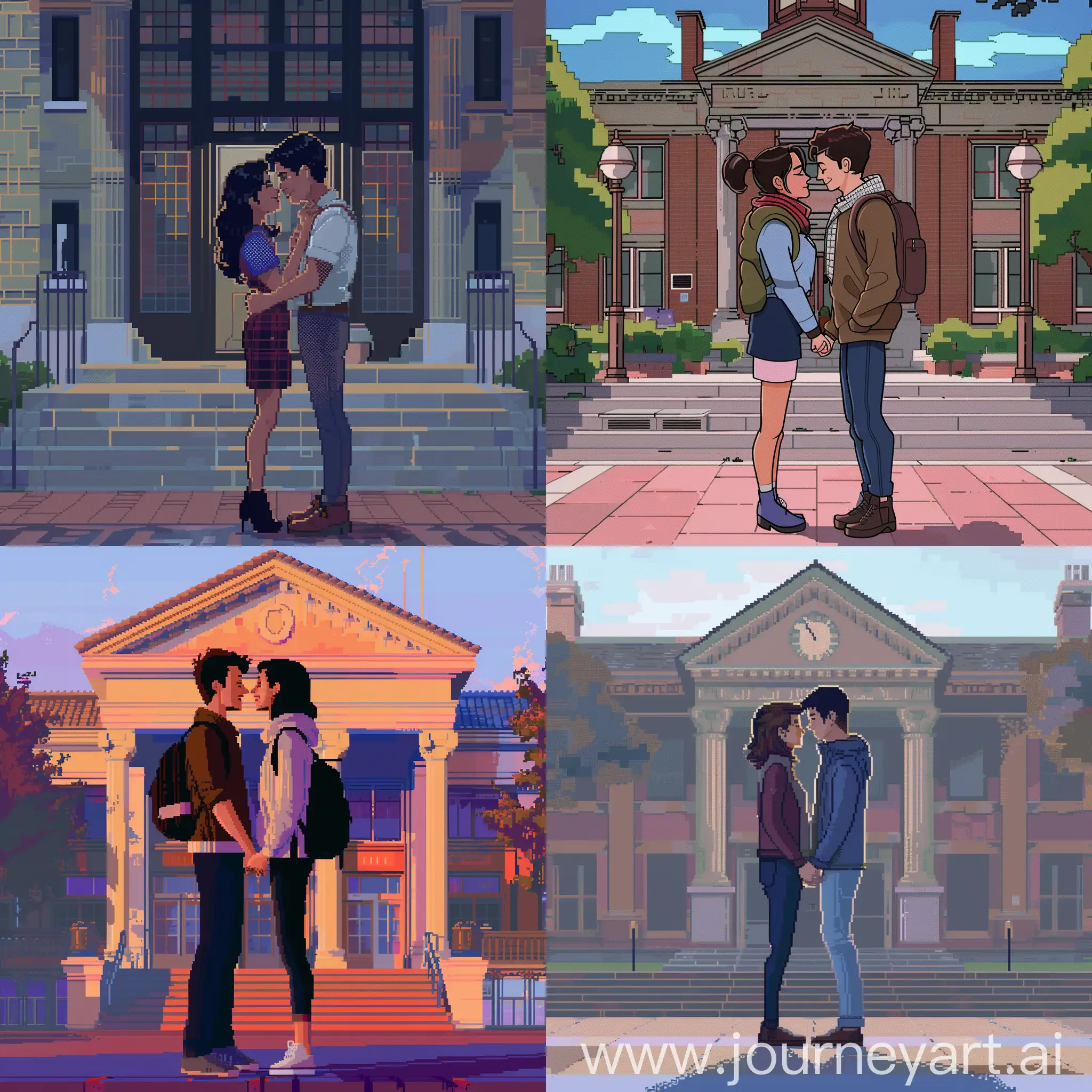 2d animated aesthetic couple dating each other in front of their institution, pixelated retro --v 6