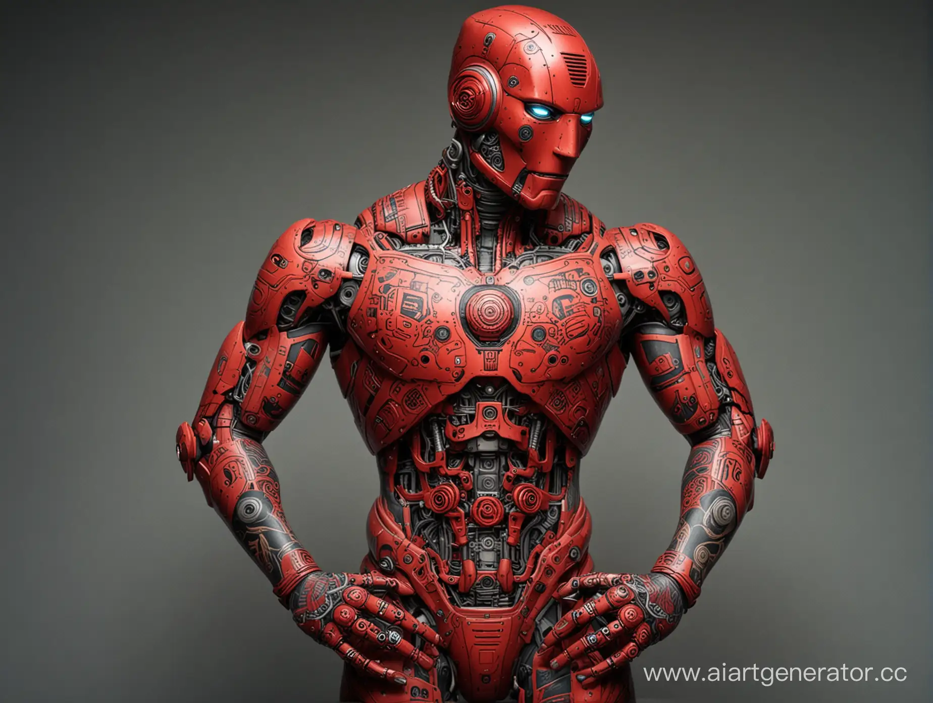 Красный робот позирует весь в ярких татуировках