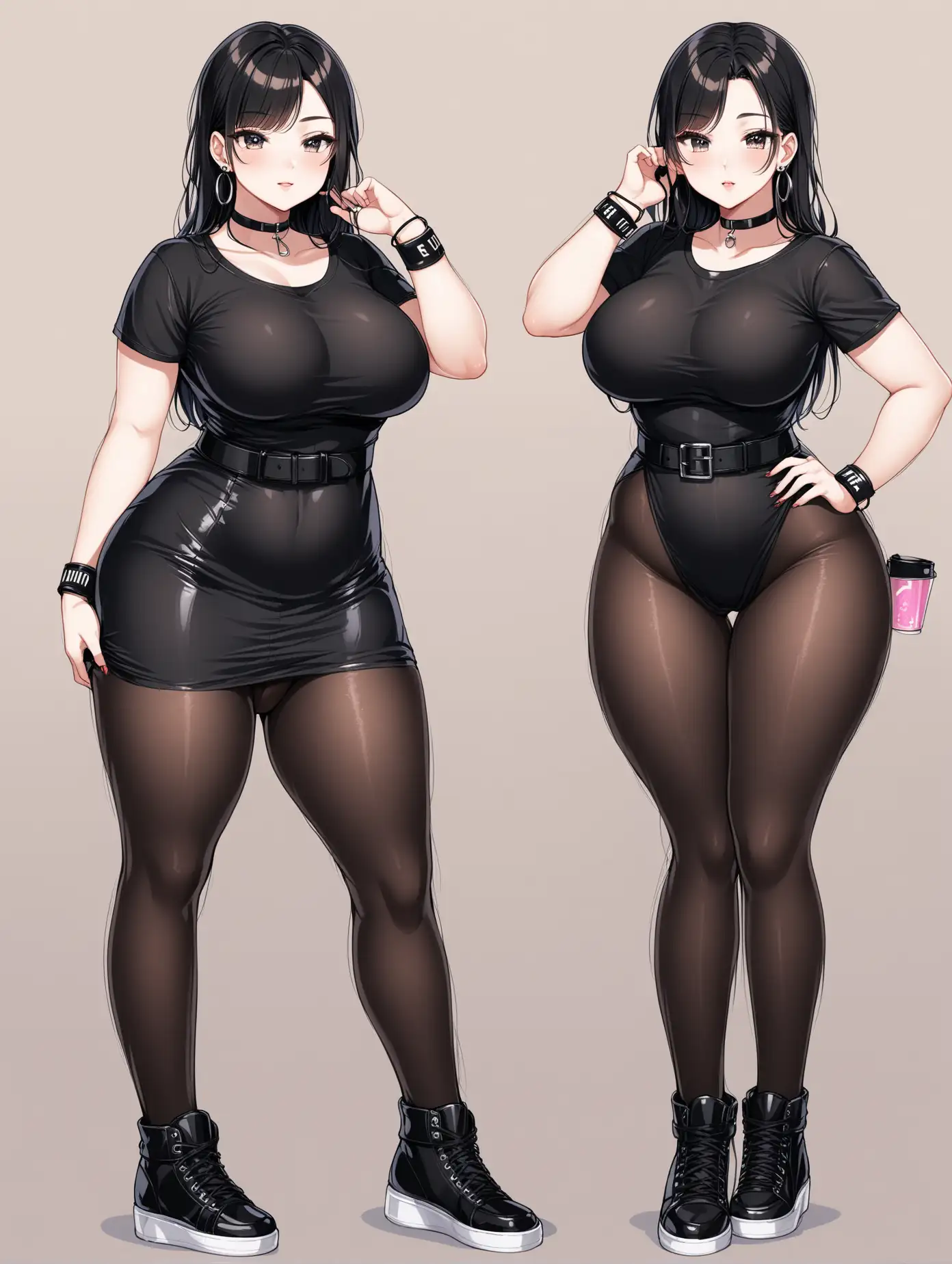 Sensual picture of a hot anime girl, age 20 tall in height, curvy, big ass, small feet sizes , wearing black pantyhose stockings, long t-shirt dress with a waist belt, wearing Black Leather High-Top Court Boot Sneakers Hi Perform, neck choker, big earrings, wristbands, 2 poses