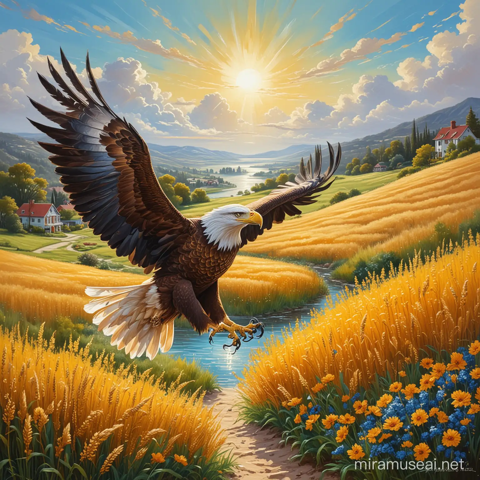 Majestic Eagle Soaring over Fields of Prosperity