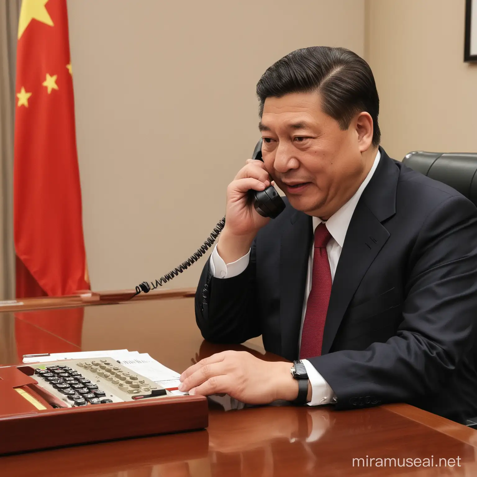 photo of Chinese president Xi Jinping making a phone call from his china office.
