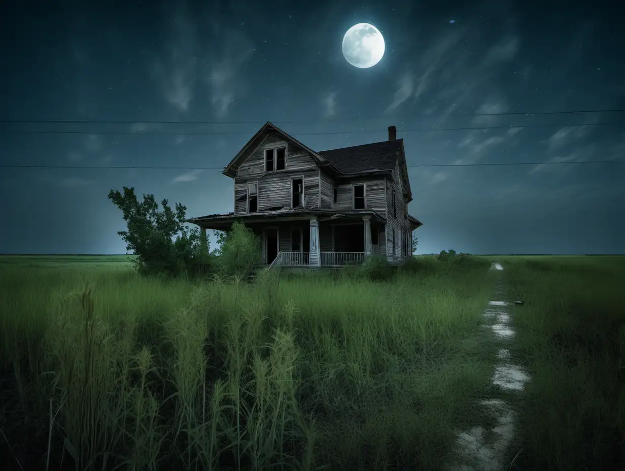 Cloudy moonlit sky over an abandoned  prairie 2 story farmhouse with an old dirt driveway, tall weeds along the driveway