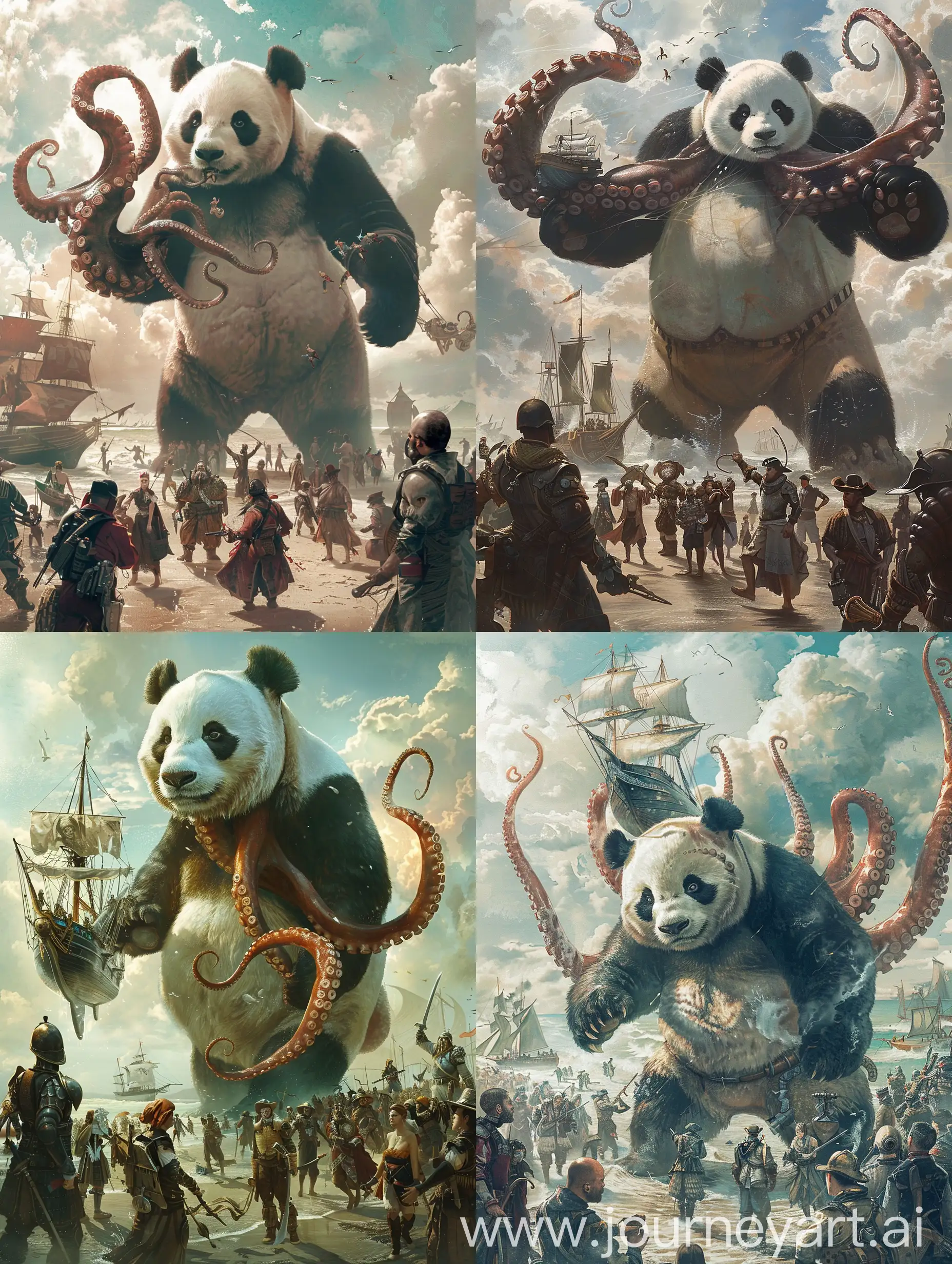 In the image, there is a giant panda bear with an octopus for a head, standing on a beach with many people around. The panda bear is holding a ship in its tentacles, and there are people in various outfits, some carrying weapons. The sky is filled with clouds, and the overall atmosphere is surreal and mysterious.